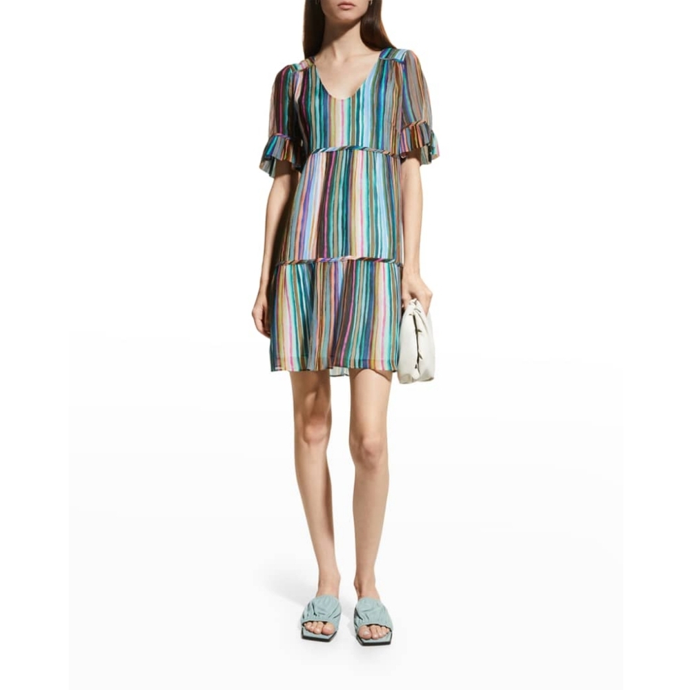 MARIE OLIVER Vanessa Silk Striped Tiered Dress Multicolor Small